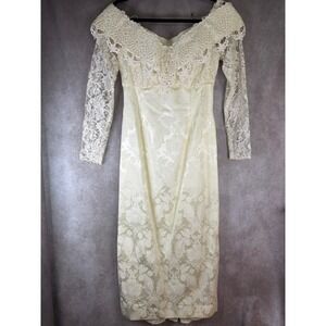 VTG 80s Jessica McClintock Bridal Wedding Dress Womens 9/10 Ivory Lace Damask